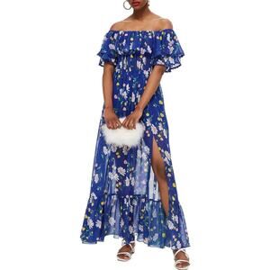 Topshop Bardot Blue Floral Print Off the Shoulder Maxi Dress Size 8